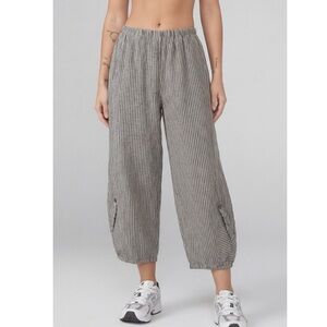 Lisa Bayne Lantern Pants L Womens Cream Gray Striped Barrel Crop Linen